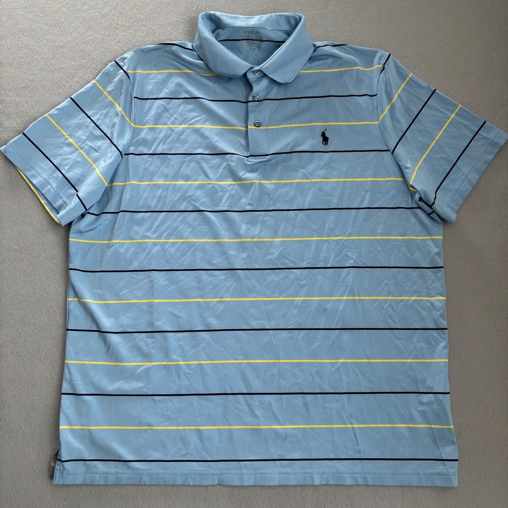 Polo Ralph Lauren Performance Mens XL Light Blue Striped Short Sleeve Polo Shirt